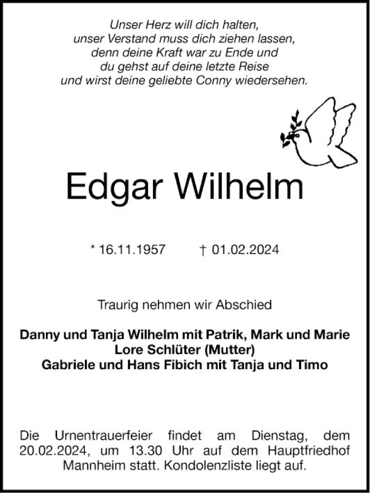  Traueranzeige für Edgar Wilhelm vom 17.02.2024 aus Mannheimer Morgen