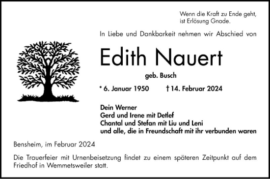 Traueranzeige von Edith Nauert von Bergsträßer Anzeiger