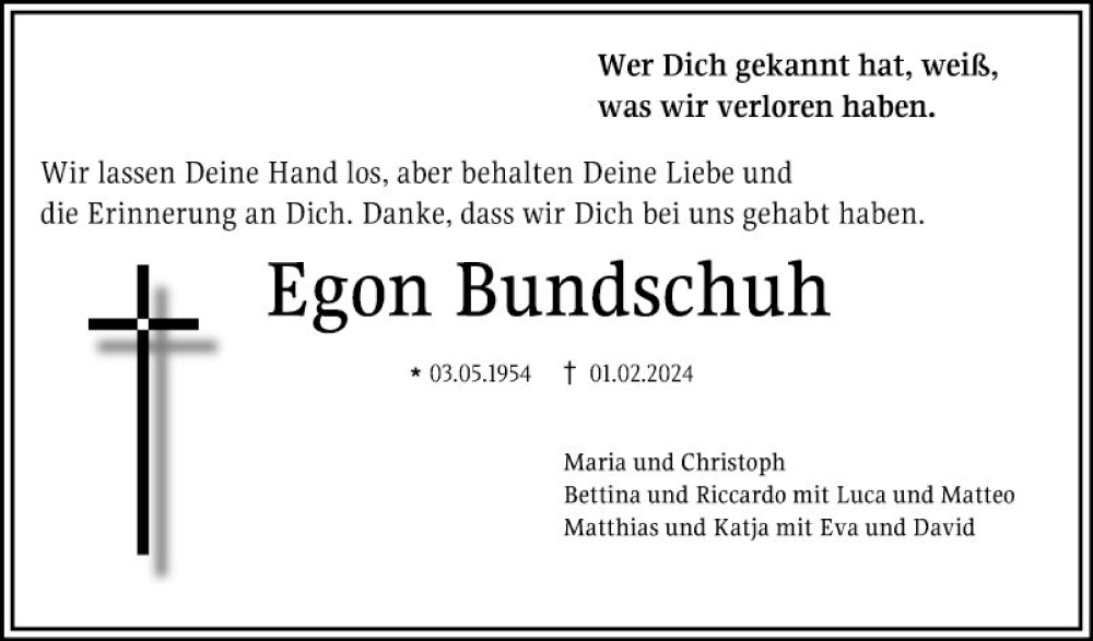 Traueranzeige für Egon Bundschuh vom 05.02.2024 aus Mannheimer Morgen