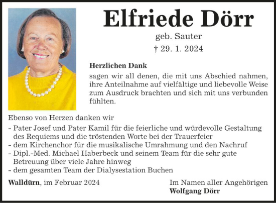 Traueranzeige von Elfriede Dörr von Fränkische Nachrichten