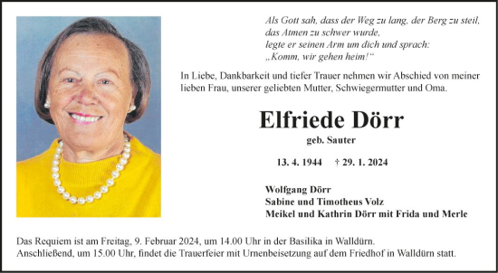 Traueranzeige von Elfriede Dörr von Fränkische Nachrichten