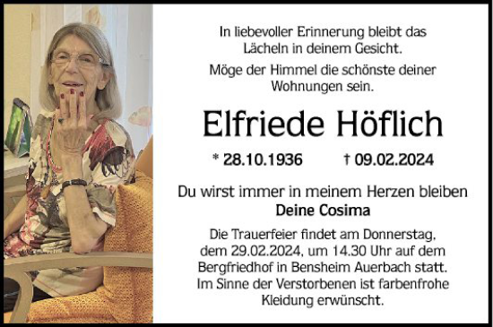 Traueranzeige von Elfriede Höflich von Bergsträßer Anzeiger