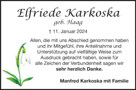 Traueranzeige von Elfriede Karkoska von Fränkische Nachrichten