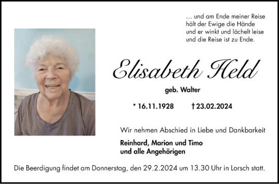 Traueranzeige von Elisabeth Held von Bergsträßer Anzeiger