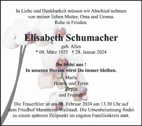 Traueranzeige von Elisabeth Schurnacher von Mannheimer Morgen
