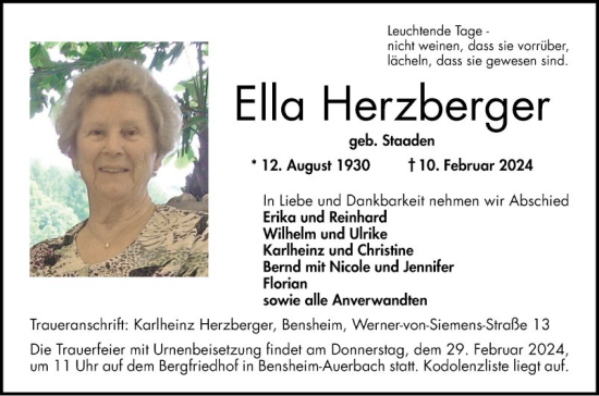 Traueranzeige von Ella Herzberger von Bergsträßer Anzeiger