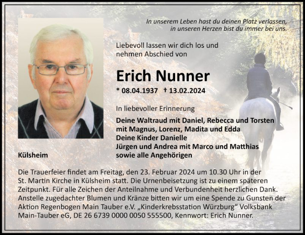  Traueranzeige für Erich Nunner vom 17.02.2024 aus Fränkische Nachrichten