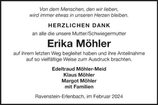 Traueranzeige von Erika Möhler von Fränkische Nachrichten