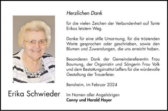 Traueranzeige von Erika Schwieder von Bergsträßer Anzeiger