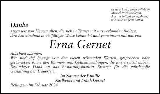 Traueranzeige von Erna Gernet von Schwetzinger Zeitung