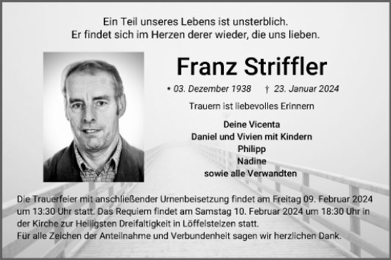 Traueranzeige von Franz Striffler von Fränkische Nachrichten