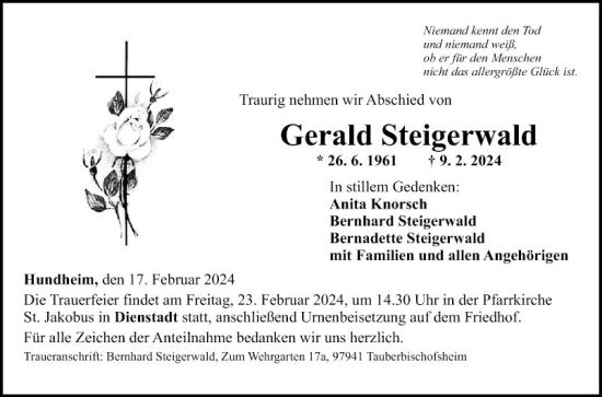 Traueranzeige von Gerald Steigerwald von Fränkische Nachrichten
