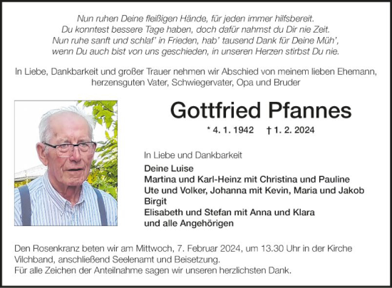 Traueranzeige von Gottfried Pfannes von Fränkische Nachrichten