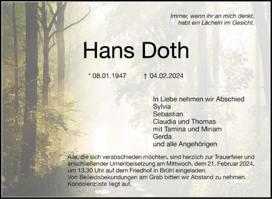 Traueranzeige von Hans Doth von Schwetzinger Zeitung