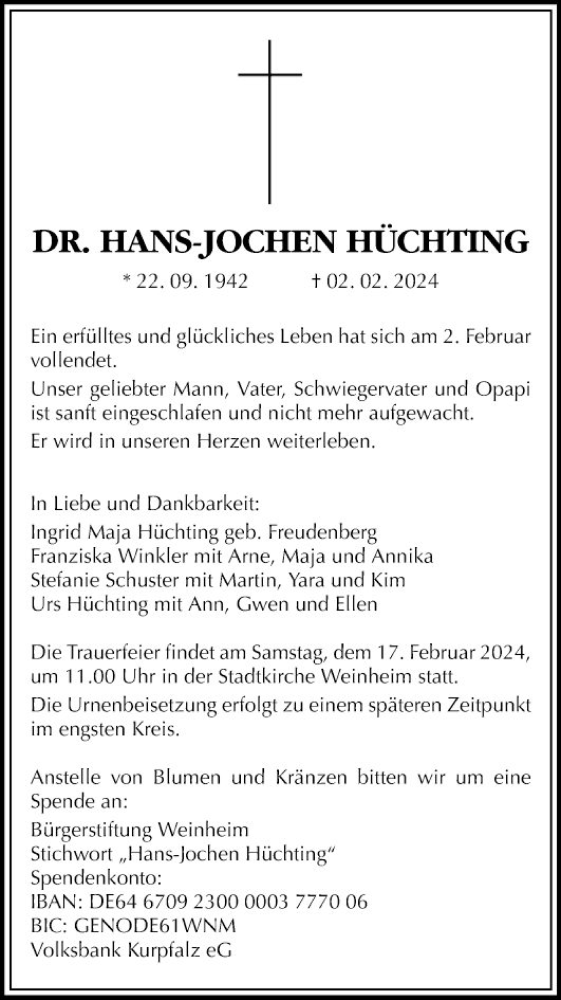  Traueranzeige für Hans-Jochen Hüchting vom 10.02.2024 aus Mannheimer Morgen