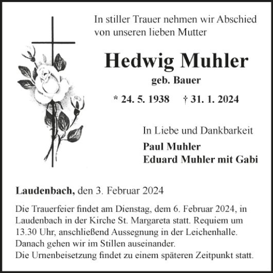 Traueranzeige von Hedwig Muhler von Fränkische Nachrichten