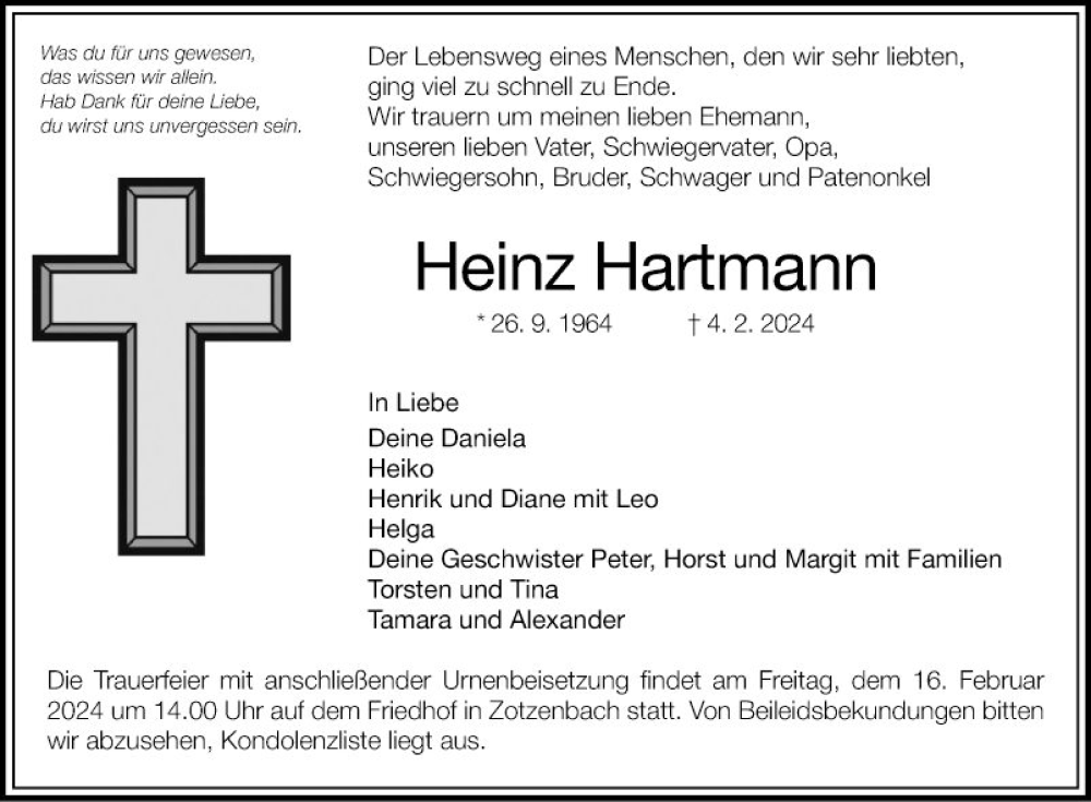  Traueranzeige für Heinz Hartmann vom 10.02.2024 aus Bergsträßer Anzeiger