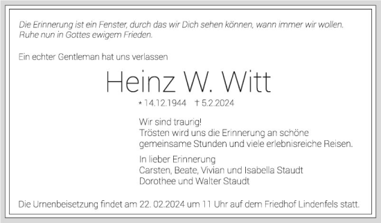 Traueranzeige von Heinz Witt von Bergsträßer Anzeiger