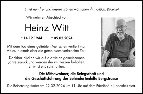Traueranzeige von Heinz Witt von Bergsträßer Anzeiger