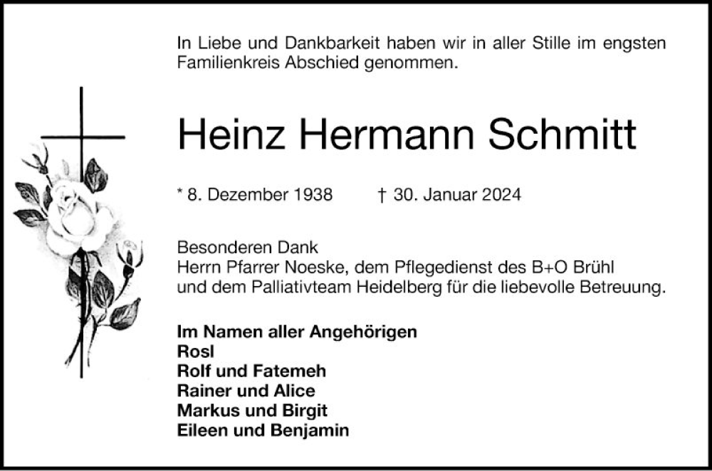  Traueranzeige für Heinz Hermann Schmitt vom 17.02.2024 aus Schwetzinger Zeitung