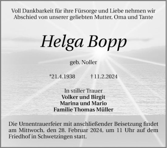 Traueranzeige von Helga Bopp von Schwetzinger Zeitung