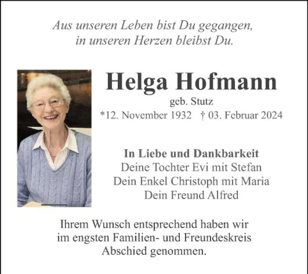  Traueranzeige für Helga Hofmann vom 10.02.2024 aus Mannheimer Morgen