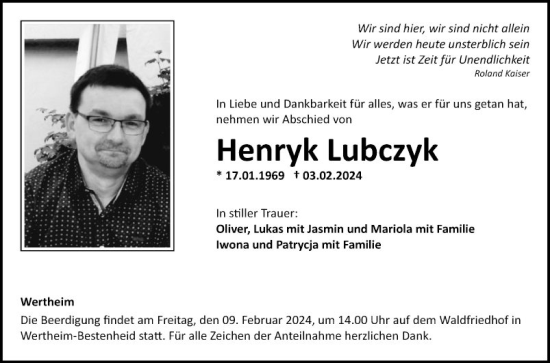 Traueranzeige von Henryk Lubczyk von Fränkische Nachrichten