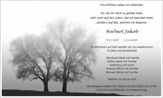 Traueranzeige von Herbert Jakob von Fränkische Nachrichten