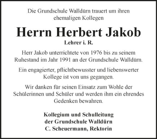 Traueranzeige von Herbert Jakob von Fränkische Nachrichten