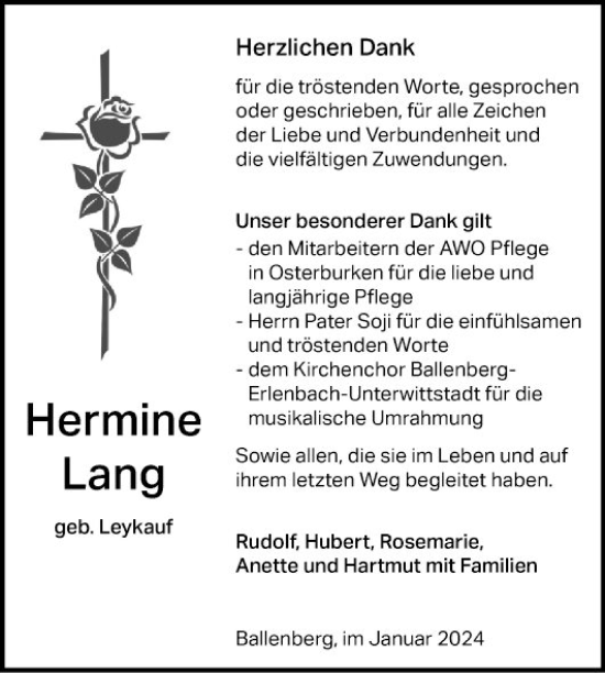 Traueranzeige von Hermine Lang von Fränkische Nachrichten