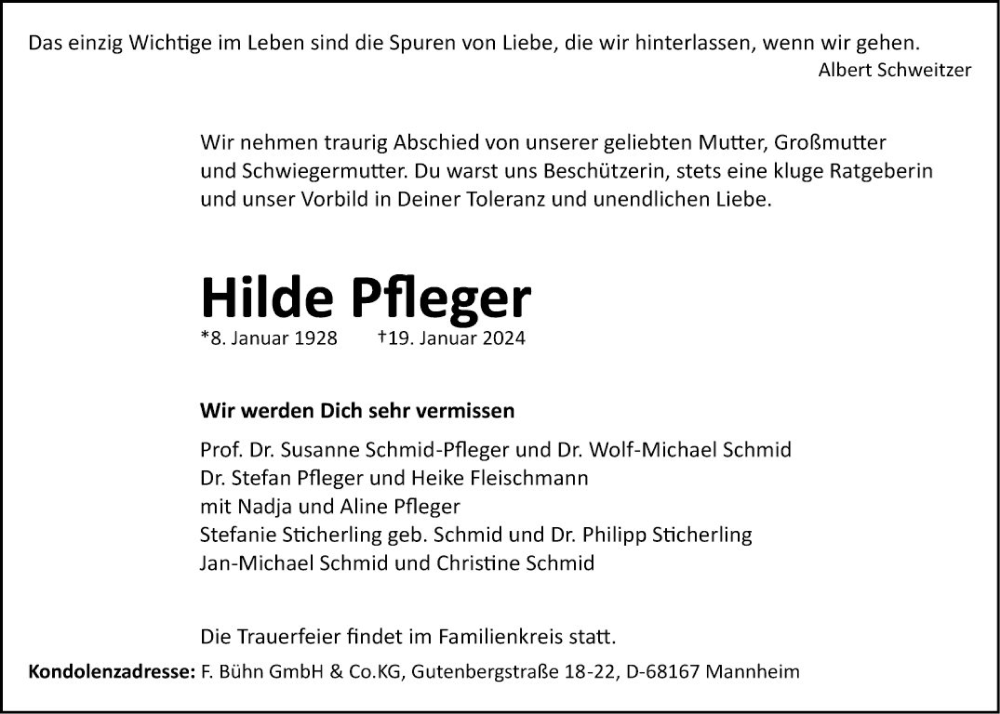  Traueranzeige für Hilde Pfleger vom 03.02.2024 aus Mannheimer Morgen