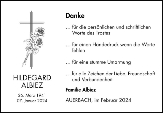 Traueranzeige von Hildegard Albiez von Bergsträßer Anzeiger