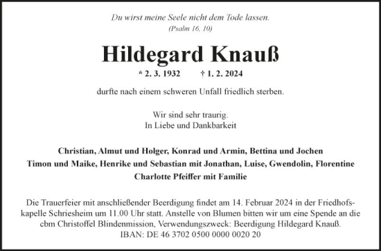 Traueranzeige von Hildegard Knauß von Fränkische Nachrichten