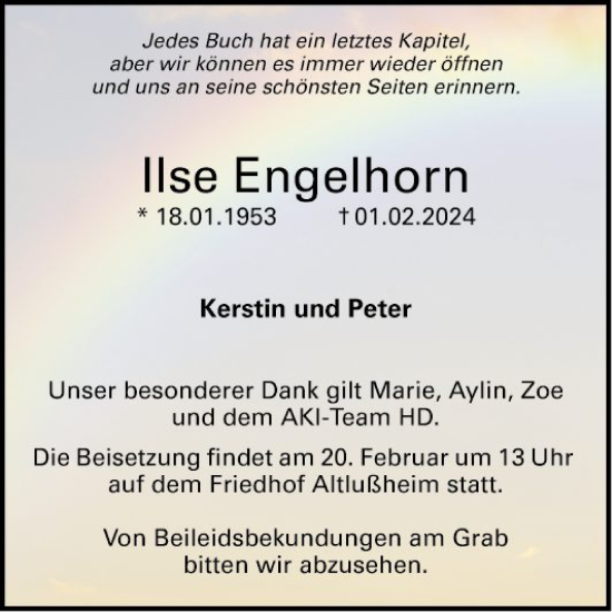 Traueranzeige von Ilse Engelhorn von Schwetzinger Zeitung