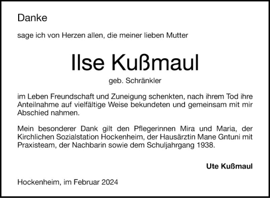 Traueranzeige von Ilse Kußmaul von Schwetzinger Zeitung
