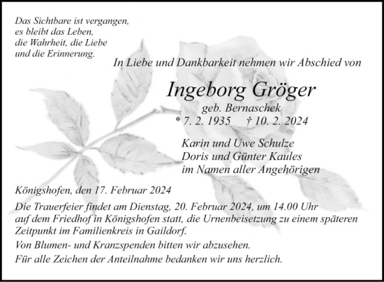 Traueranzeige von Ingeborg Gröger von Fränkische Nachrichten