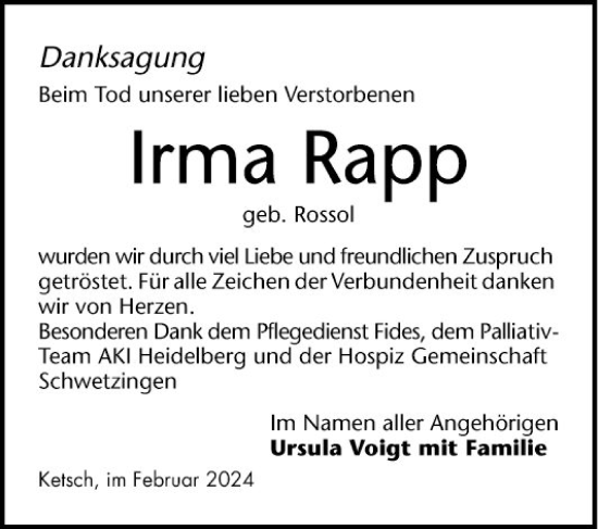 Traueranzeige von Irma Rapp von Schwetzinger Zeitung