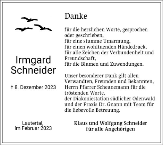 Traueranzeige von Irmgard Schneider von Bergsträßer Anzeiger