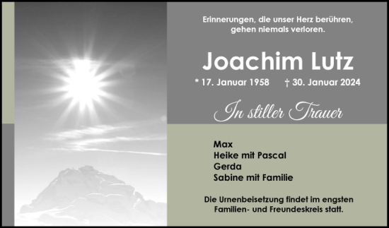 Traueranzeige von Joachim Lutz von Schwetzinger Zeitung