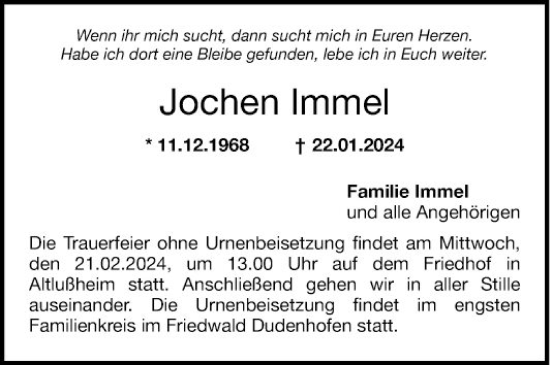 Traueranzeige von Jochen Immel von Schwetzinger Zeitung