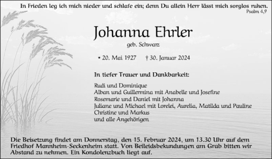 Traueranzeige von Johanna Ehrler von Mannheimer Morgen