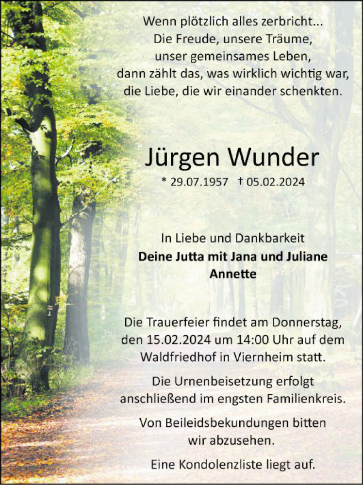  Traueranzeige für Jürgen Wunder vom 10.02.2024 aus Mannheimer Morgen
