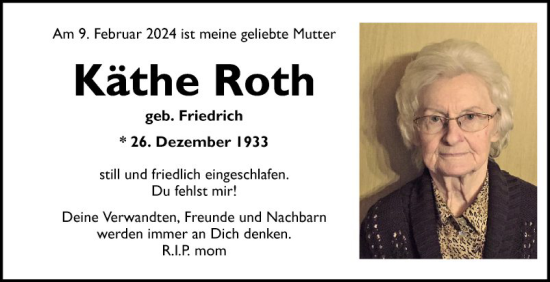 Traueranzeige von Käthe Roth von Mannheimer Morgen