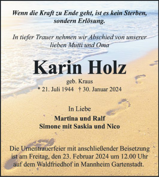 Traueranzeige von Karin Holz von Mannheimer Morgen