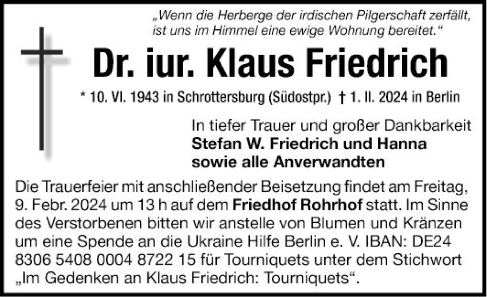 Traueranzeige für Klaus Friedrich vom 07.02.2024 aus Mannheimer Morgen