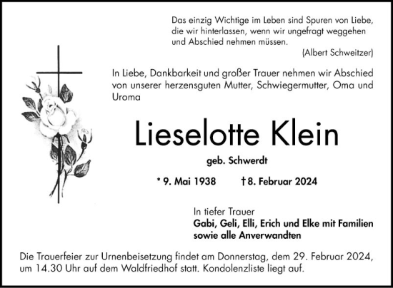 Traueranzeige von Lieselotte Klein von Bergsträßer Anzeiger