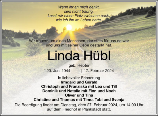 Traueranzeige von Linda Hübl von Schwetzinger Zeitung