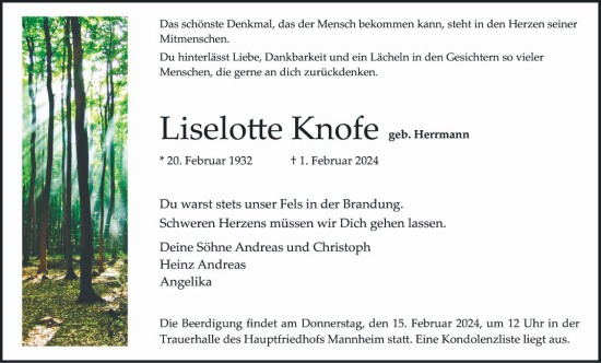 Traueranzeige von Liselotte Knofe von Mannheimer Morgen