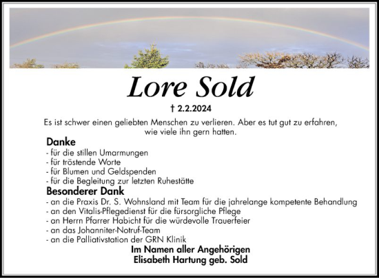 Traueranzeige von Lore Sold von Schwetzinger Zeitung