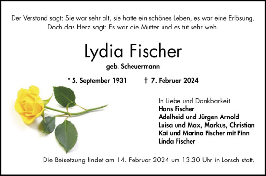 Traueranzeige von Lydia Fischer von Bergsträßer Anzeiger